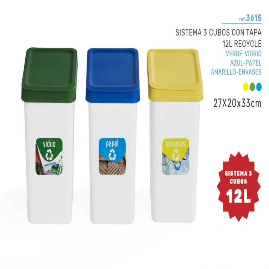 Cubos Neus Reciclaje, Envases Papel  Vidrios 12L, Sets 3