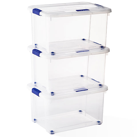 Caja de Plástico  35L transparente con ruedas, Sets de 3